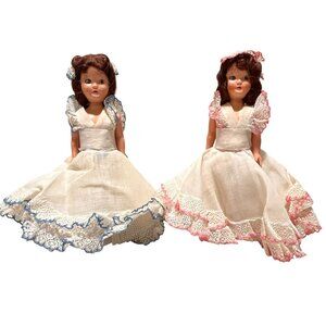 Vintage 1950s Hard Plastic Doll Pair With Lace Dresses & Hat Veils